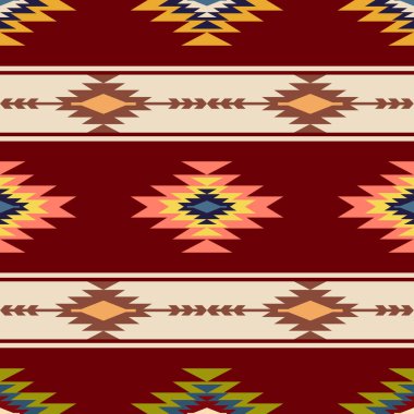 Navajo desenli tasarım. Amerikan yerlileri gibi. Kumaş tasarımında giysi, tekstil, ambalaj, arkaplan, duvar kağıdı, halı, nakış, baskı için kullanılabilir