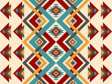 Navajo desenli tasarım. Amerikan yerlileri gibi. Kumaş tasarımında giysi, tekstil, ambalaj, arkaplan, duvar kağıdı, halı, nakış, baskı için kullanılabilir