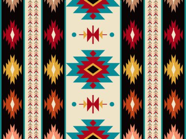Navajo desenli tasarım. Amerikan yerlileri gibi. Kumaş tasarımında giysi, tekstil, ambalaj, arkaplan, duvar kağıdı, halı, nakış, baskı için kullanılabilir