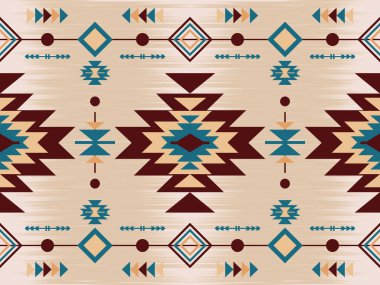 Navajo desenli tasarım. Amerikan yerlileri gibi. Kumaş tasarımında giysi, tekstil, ambalaj, arkaplan, duvar kağıdı, halı, nakış, baskı için kullanılabilir