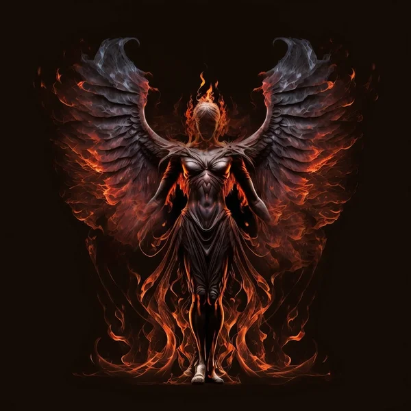Handsome Fire angel. Demon. Angel of light. Isolated against a dark background. Glowing fiery angel wings. Back light.