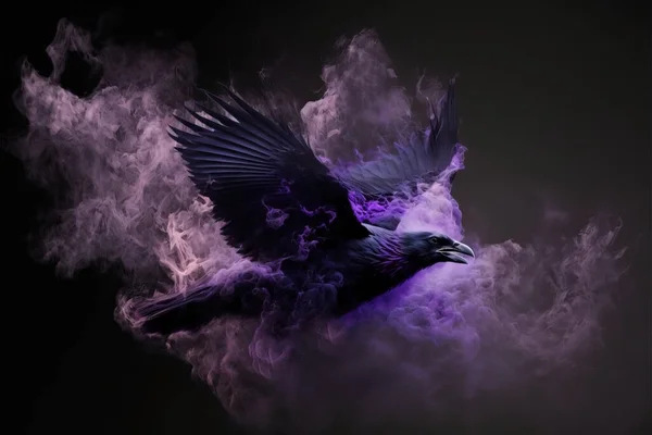 Black raven flying. Black crow. Evil bird. Glowing wings. Misty and smokey purple smoke, fire and embers.