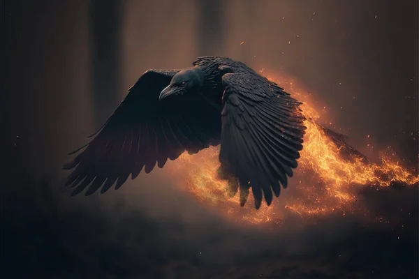 Black raven flying. Black crow. Evil bird. Glowing wings. Misty and smokey yellow and orange smoke, fire and embers.
