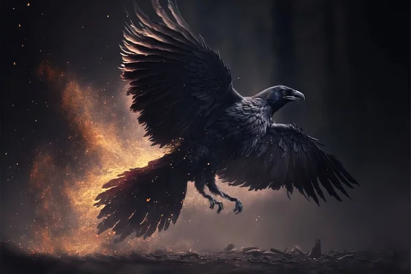 Black raven flying. Black crow. Evil bird. Glowing wings. Misty and smokey yellow smoke, fire and embers.