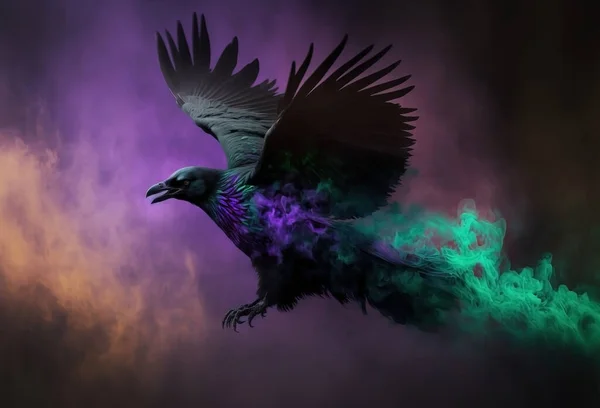 Black raven flying. Black crow. Evil bird. Glowing wings. Misty and smokey multi colored smoke and embers.