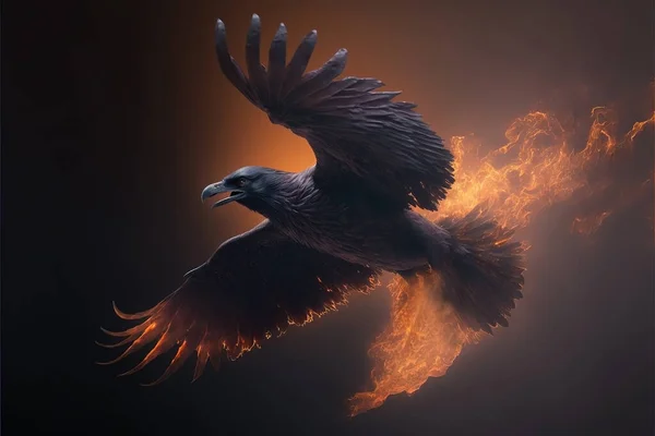 Black raven flying. Black crow. Evil bird. Glowing wings. Misty and smokey fire smoke and embers.