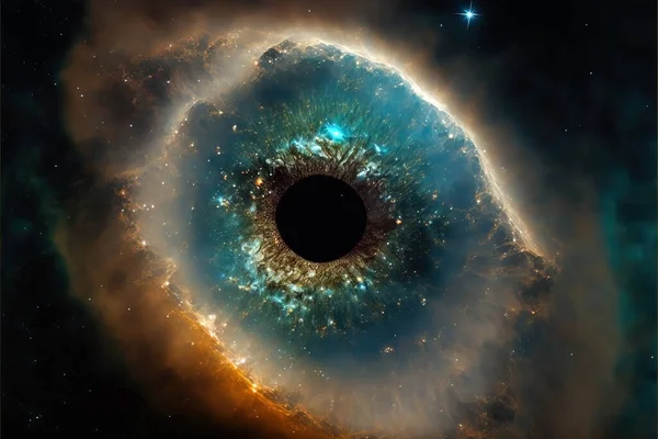 Eye fading into the universe. The All Seeing Eye. Nebula with stars and galaxy universe. Eye ball. Macro shot of a blue eye.