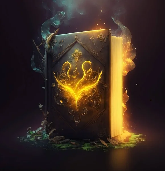 Fantasy old leather book with yellow glowing magic smoke. Yellow magic alchemy symbols.