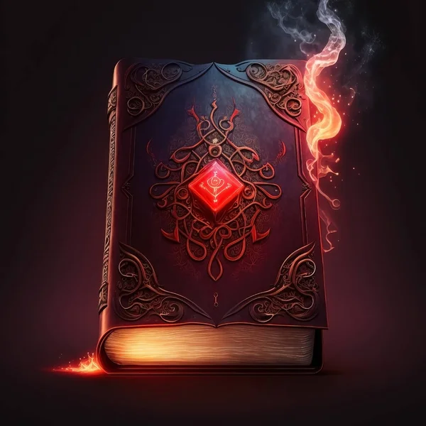 Red ancient book with gem. Red magical smoke. Fantasy old leather book.