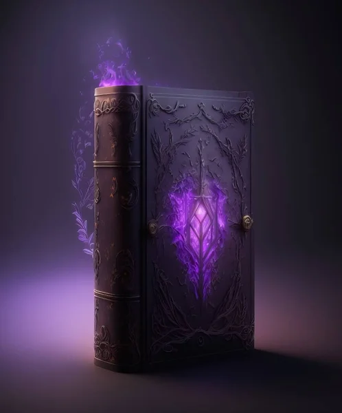 Purple book of spells with glowing smoke and alchemy witchcraft symbols.
