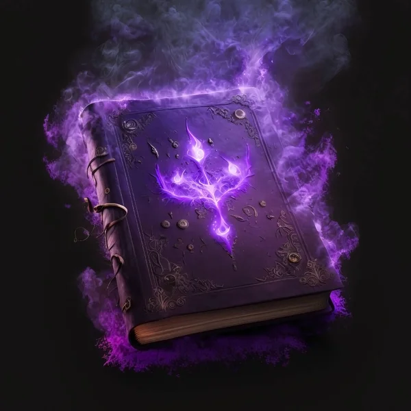 Purple leather book with glowing alchemy symbols.