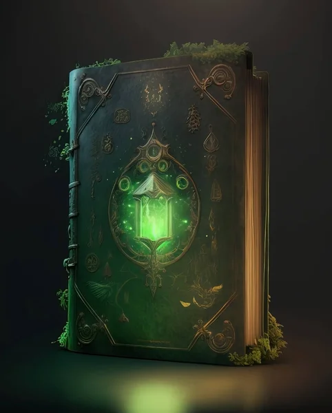 Magic green medieval spell book. Book of spells. Old thick leather book.