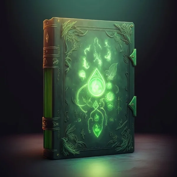 Magical green glowing leather book.
