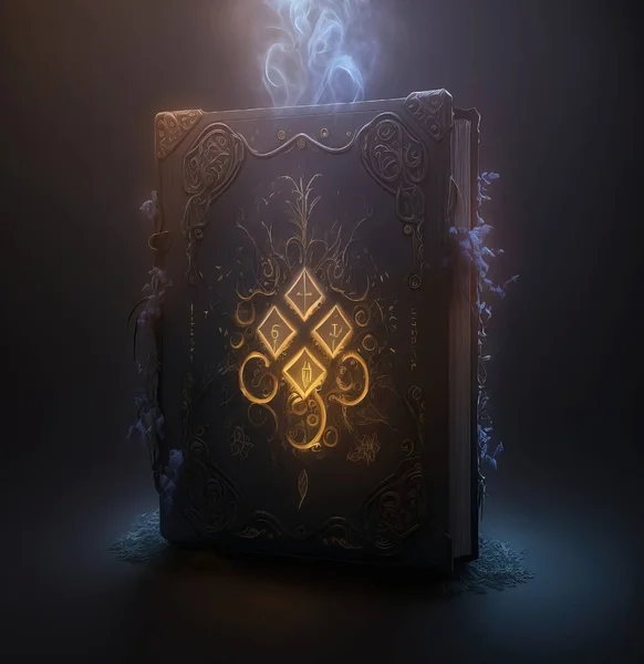 Old leather book with magic blue smoke. Yellow glowing alchemy symbols.