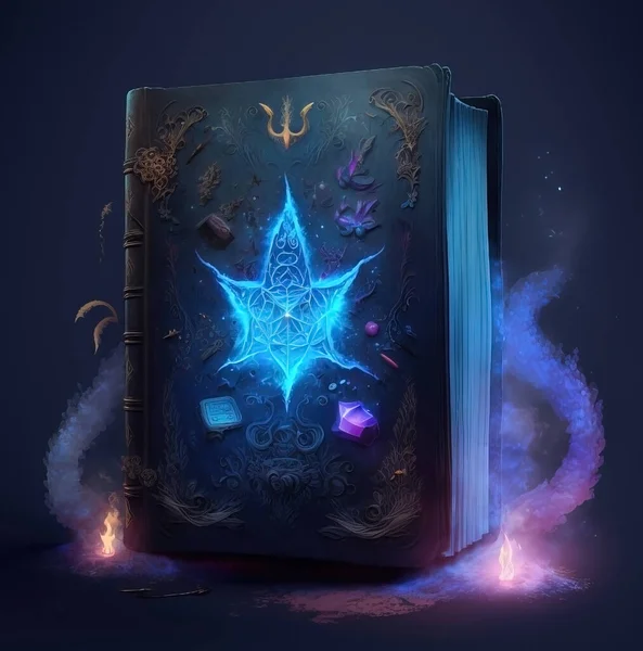 Ancient medieval book with blue and purple gradient smoke. Book of spells. Witchcraft.