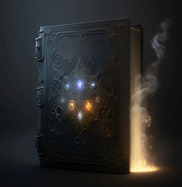 Fantasy leather book with glowing gems. White smoke. Magical fantasy witch book.