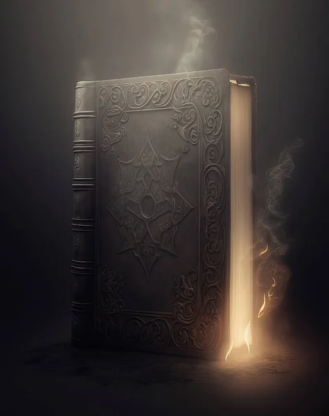 Medieval ancient thick leather book mock-up with glowing smoke and devilish inscriptions.