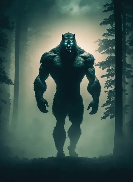 Werewolf lycanthrope. Dark misty forest full moon. Evil glowing eyes and sharp fangs. Glowing evil eyes. Monster, devil, demonic.