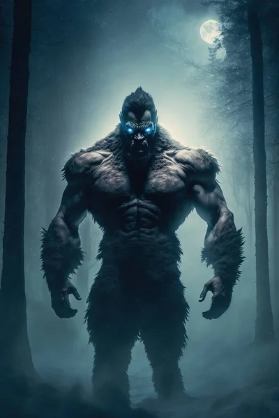 Werewolf lycanthrope. Dark misty forest full moon. Evil glowing eyes and sharp fangs. Evil glowing eyes