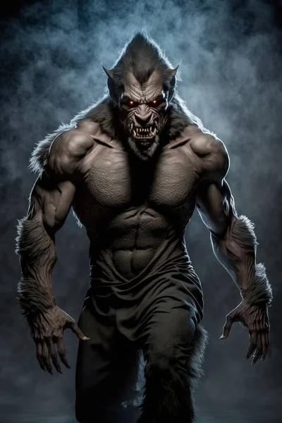 Angry looking Isolated Werewolf lycanthrope. Dark misty background. Evil glowing eyes and sharp fangs. Demonic creature.