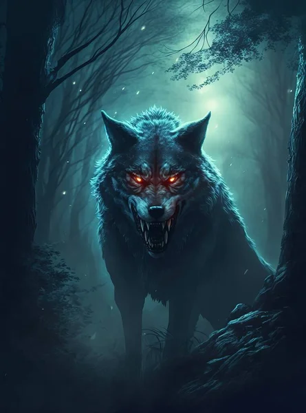 Werewolf lycanthrope. Dark misty forest full moon. Evil glowing eyes and sharp fangs. Black furry wolf.