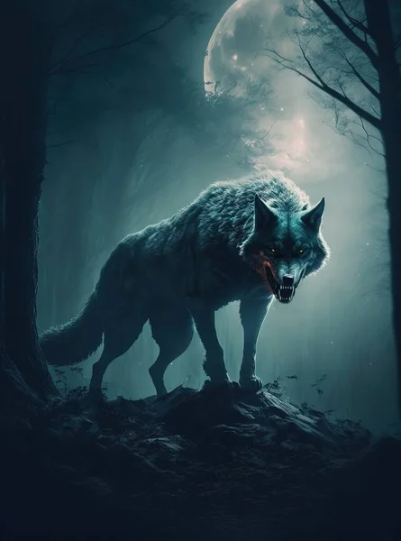 Angry big Werewolf lycanthrope. Dark misty forest full moon. Evil glowing eyes and sharp fangs. Wolf at night.