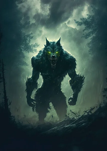 Green misty night forest and a Werewolf lycanthrope. Dark misty forest full moon. Evil glowing eyes and sharp fangs.