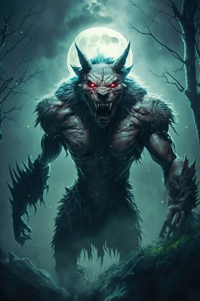 Horror evil Werewolf lycanthrope. Dark misty forest full moon. Evil glowing eyes and sharp fangs.