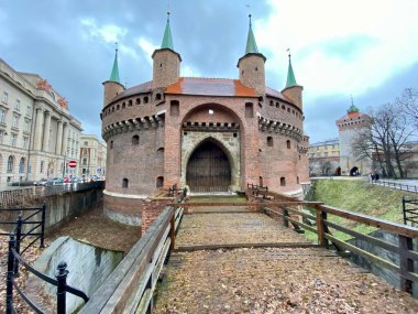 Krakow, Poland, February 11, 2022. St. Florian's Gate. Ancient gate in City Wall. 