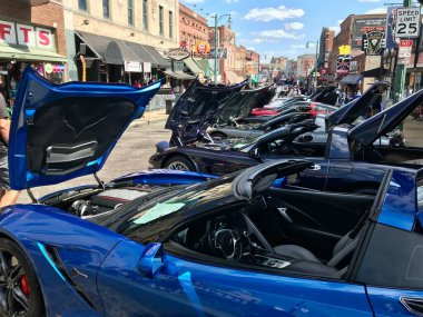 Corvette Cars lined up on display on Beale St. Memphis, Tennessee, USA. September 21. 2019. 