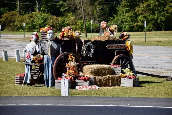 Strašáci Dřevěným Vozíkem Květinami Ovocem Travnatém Parku Cumberland County Tennessee — Stock fotografie