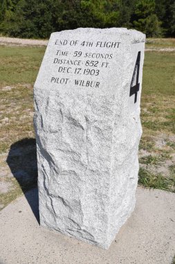 Wright Kardeşler Anıtı 'ndaki First Flight Boulder ve Flight Line işaretleri. Kill Devil Hills, NC, ABD. 1 Ekim 2019. 