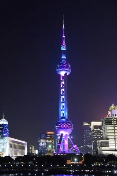 Shanghai Kina Oktober 2018 Det Orientaliska Pärltornet Upplyst Natten Lujiazui — Stockfoto