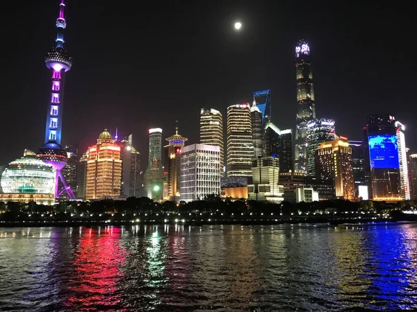 Будинки Освітлені Вночі Лудзязуї Пудун Шанхай Китай Жовтня 2018 — стокове фото