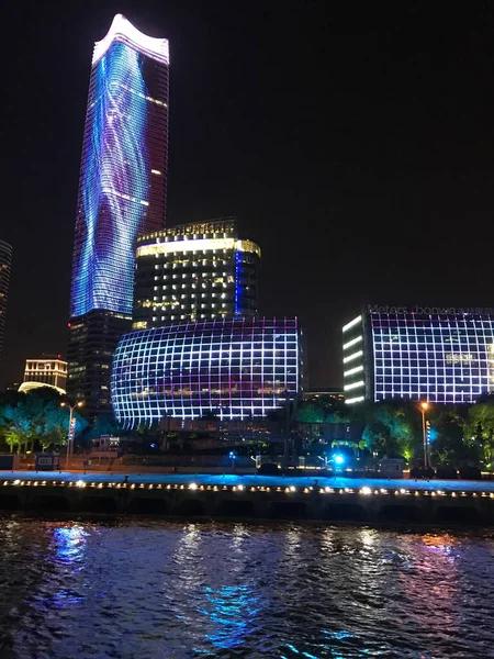 Shanghai Kina Oktober 2018 Höga Byggnader Bund Upplysta Natten — Stockfoto