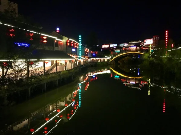 Puente Sobre Río Song Por Noche Hangzhou Song Dynasty Town —  Fotos de Stock