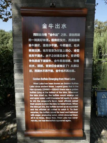 Podpis Informacemi Zlatém Buvolovi Který Vynořil Západního Jezera Hangzhou Zhejiang — Stock fotografie