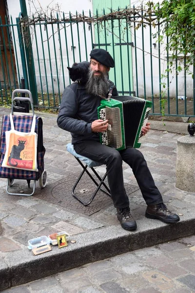 Omzunda siyah bir kediyle akordeon çalan bir sokak müzisyeni. Paris, Fransa. 31 Mart 2023. 
