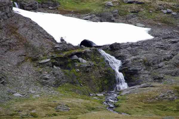 Cachoeira Rochosa Aurlandsfjellet Snow Road Noruega — Fotografia de Stock