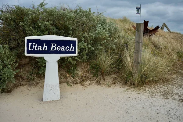 Beton Utah Beach Jelölje Meg Egy Kerítés Fém Strand Védelem — Stock Fotó