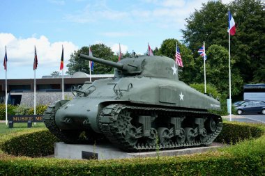 Kanadalı Char Grizzly M4A5 Tankı Normandiya Savaşı Müzesi 'nde. Bayeux, Fransa, 5 Temmuz 2023. 