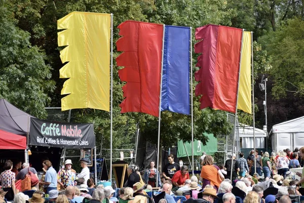 2023 Cambridge Halk Festivali 'nde renkli bayraklar ve kalabalık. Cambridge, İngiltere. 29 Temmuz 2023. 