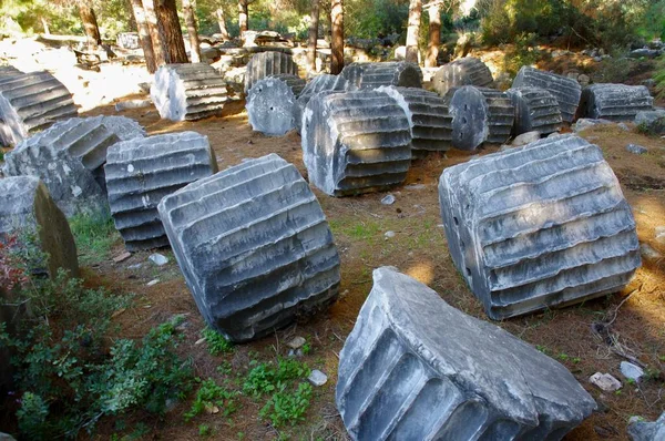 Upadłe Segmenty Kolumn Świątyni Athena Polias Priene Turcja Listopada 2014 — Zdjęcie stockowe