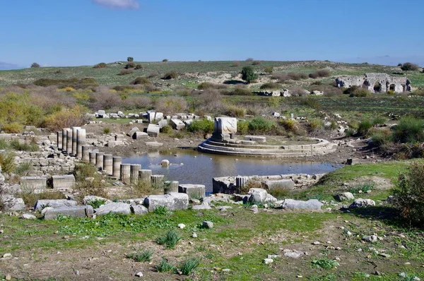 Colunas Antigas Templo Piscina Nas Ruínas Antiga Mileto Didim Aydn — Fotografia de Stock