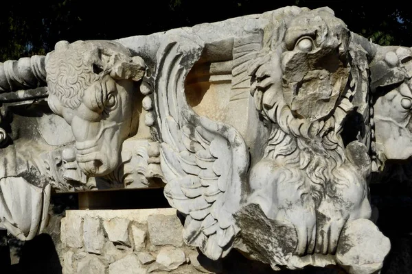 古希腊雕刻在古代迪迪玛阿波罗神庙的废墟上 Didim Aydn Trkiye November 2014 — 图库照片