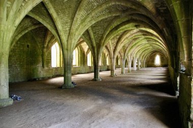 Fountains Abbey 'deki taş kemerli tavanlar, 1132' de kurulmuş. Aldfield, Ripon, İngiltere. 28 Ağustos 2010. 