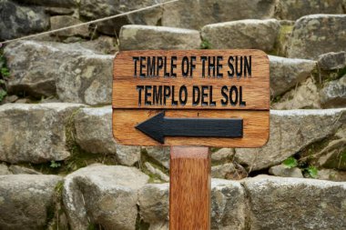 Sign for The Temple of The Sun at The Ancient 15th-century Inca citadel of Machu Picchu, Peru, October 6, 2023.  clipart