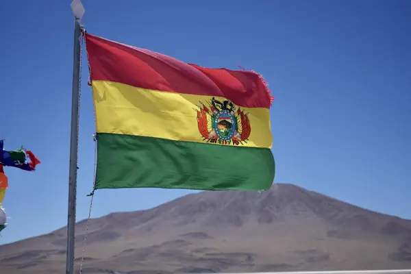 Mavi gökyüzüne karşı arkasında dağ olan bir Bolivya bayrağı. Laguna Colorada, Bolivya. 13 Ekim 2023. 