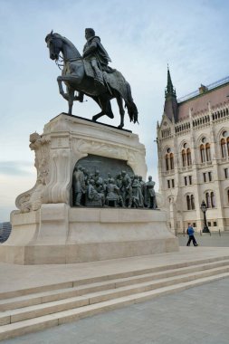 The Statue of Count Gyula Andrssy in   Kossuth Lajos Square outside The Hungarian Parliament building. Budapest, Hungary, 27 February 2024.  clipart