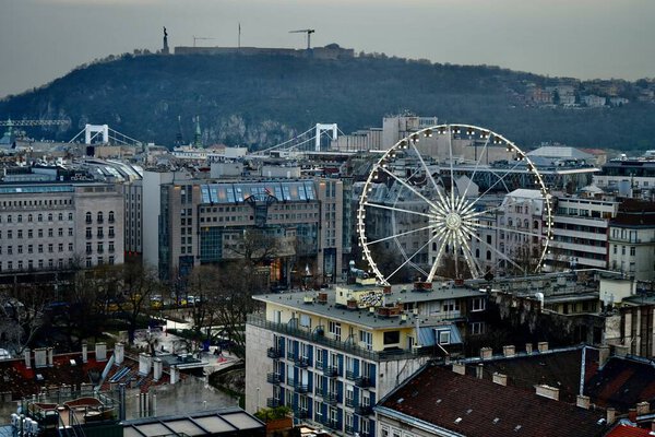 View of Budapest from the roof of St Stephens Basilica. Budapest, Hungary, February 27, 2024. 